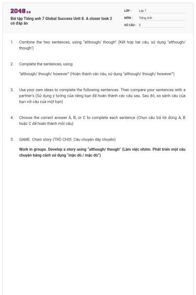 Bài tập Tiếng anh 7 Global Success Unit 8. A closer look 2 có đáp án