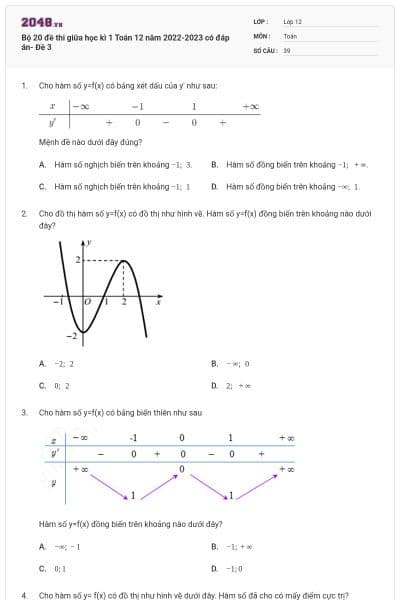 Bộ 20 đề thi giữa học kì 1 Toán 12 năm 2022-2023 có đáp án- Đề 3