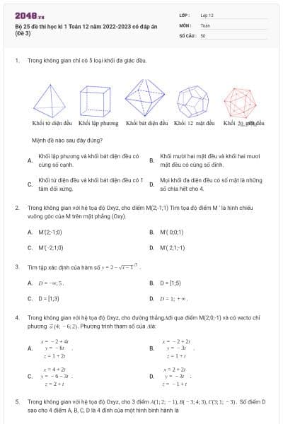 Bộ 25 đề thi học kì 1 Toán 12 năm 2022-2023 có đáp án (Đề 3)