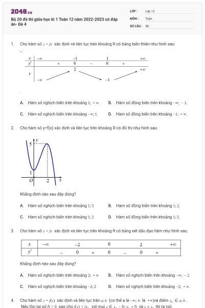 Bộ 20 đề thi giữa học kì 1 Toán 12 năm 2022-2023 có đáp án- Đề 4
