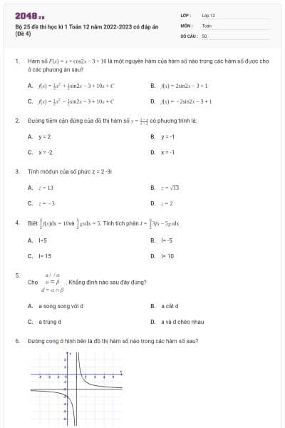 Bộ 25 đề thi học kì 1 Toán 12 năm 2022-2023 có đáp án (Đề 4)