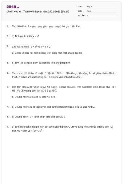 Đề thi Học kì 1 Toán 9 có đáp án năm 2022-2023 (Đề 21)