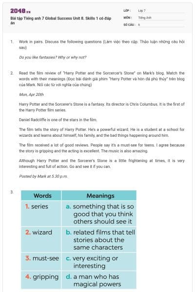 Bài tập Tiếng anh 7 Global Success Unit 8. Skills 1 có đáp án