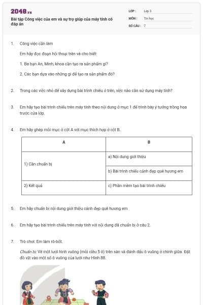 Bài tập Công việc của em và sự trợ giúp của máy tính có đáp án