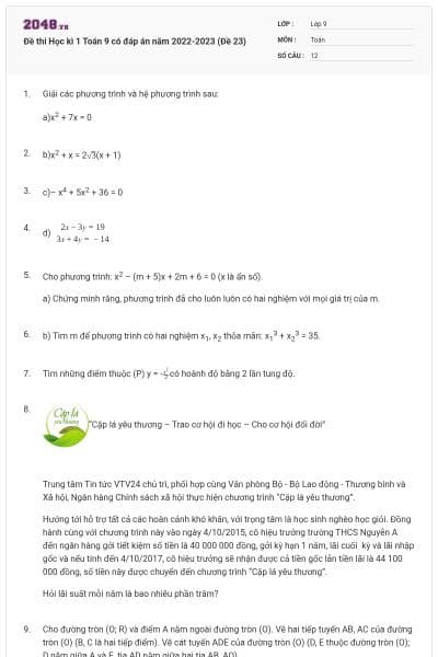 Đề thi Học kì 1 Toán 9 có đáp án năm 2022-2023 (Đề 23)