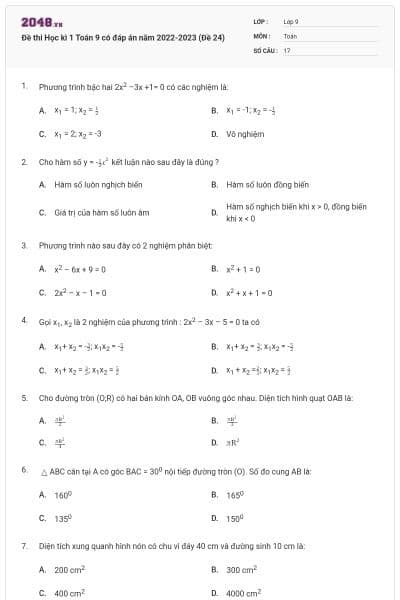 Đề thi Học kì 1 Toán 9 có đáp án năm 2022-2023 (Đề 24)