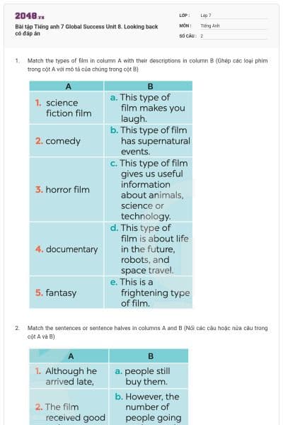 Bài tập Tiếng anh 7 Global Success Unit 8. Looking back có đáp án