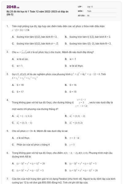 Bộ 25 đề thi học kì 1 Toán 12 năm 2022-2023 có đáp án (Đề 5)