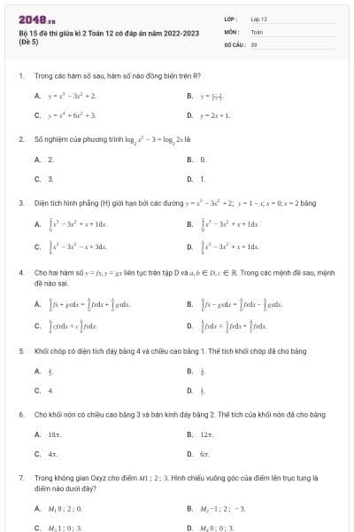 Bộ 15 đề thi giữa kì 2 Toán 12 có đáp án năm 2022-2023 (Đề 5)