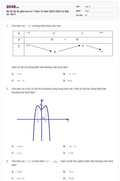 Bộ 20 đề thi giữa học kì 1 Toán 12 năm 2022-2023 có đáp án- Đề 5