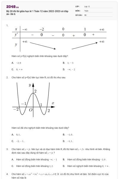 Bộ 20 đề thi giữa học kì 1 Toán 12 năm 2022-2023 có đáp án- Đề 6