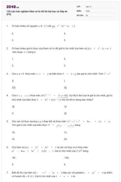 120 câu trắc nghiệm Hàm số từ đề thi đại học có đáp án (P3)