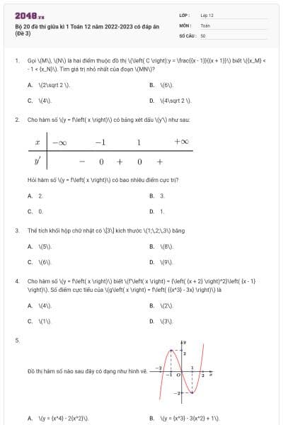 Bộ 20 đề thi giữa kì 1 Toán 12 năm 2022-2023 có đáp án (Đề 3)