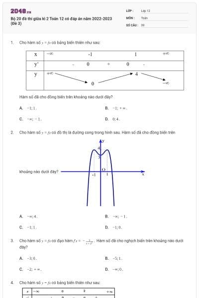 Bộ 20 đề thi giữa kì 2 Toán 12 có đáp án năm 2022-2023 (Đề 3)