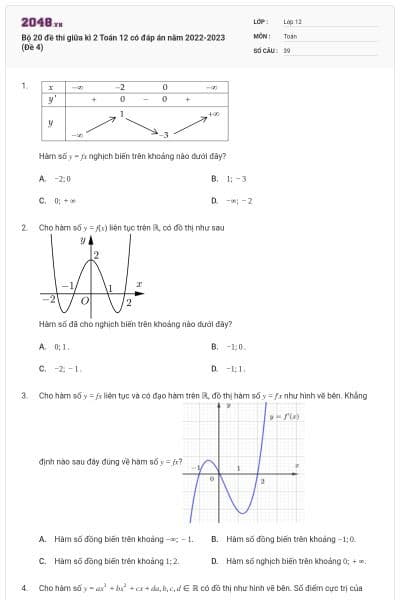 Bộ 20 đề thi giữa kì 2 Toán 12 có đáp án năm 2022-2023 (Đề 4)