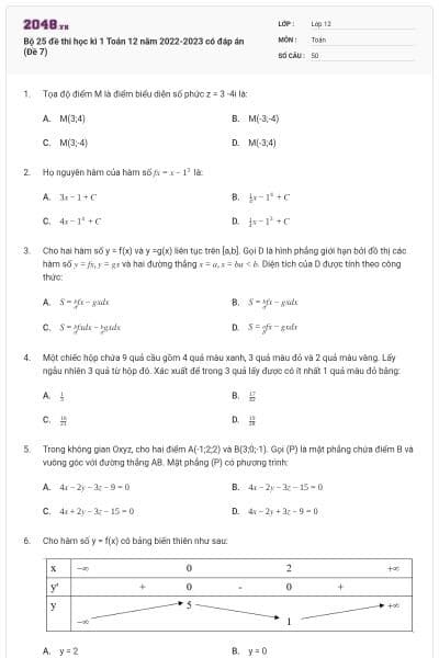 Bộ 25 đề thi học kì 1 Toán 12 năm 2022-2023 có đáp án (Đề 7)