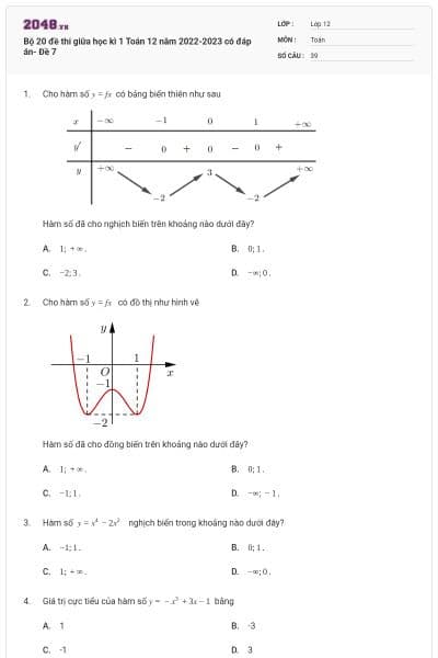 Bộ 20 đề thi giữa học kì 1 Toán 12 năm 2022-2023 có đáp án- Đề 7
