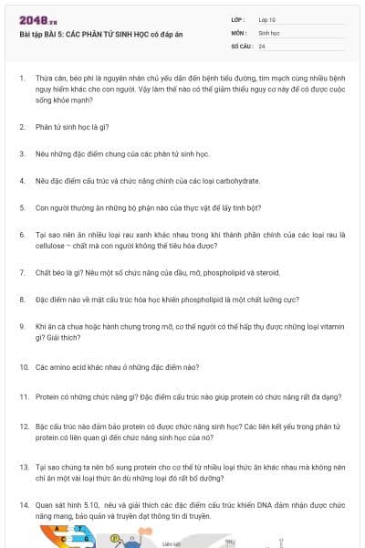 Bài tập BÀI 5: CÁC PHÂN TỬ SINH HỌC có đáp án