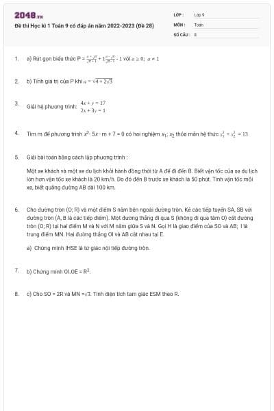 Đề thi Học kì 1 Toán 9 có đáp án năm 2022-2023 (Đề 28)
