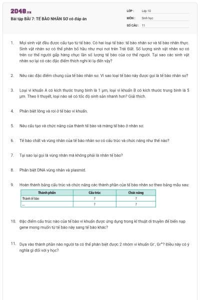 Bài tập BÀI 7: TẾ BÀO NHÂN SƠ có đáp án