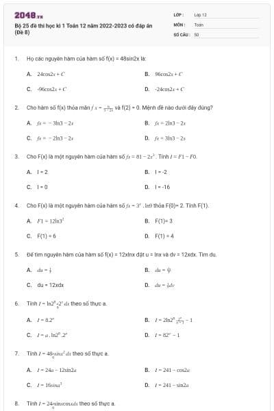 Bộ 25 đề thi học kì 1 Toán 12 năm 2022-2023 có đáp án (Đề 8)