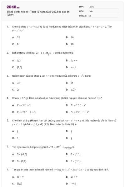 Bộ 25 đề thi học kì 1 Toán 12 năm 2022-2023 có đáp án (Đề 9)
