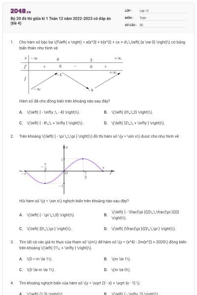 Bộ 20 đề thi giữa kì 1 Toán 12 năm 2022-2023 có đáp án (Đề 4)