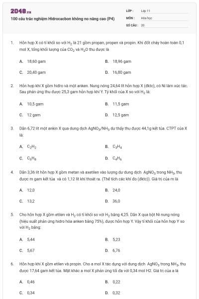 100 câu trắc nghiệm Hidrocacbon không no nâng cao (P4)