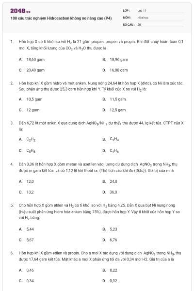 100 câu trắc nghiệm Hidrocacbon không no nâng cao (P4)