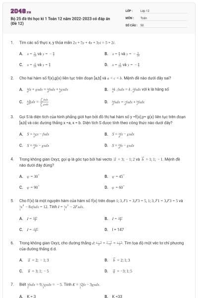 Bộ 25 đề thi học kì 1 Toán 12 năm 2022-2023 có đáp án (Đề 12)