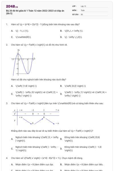 Bộ 20 đề thi giữa kì 1 Toán 12 năm 2022-2023 có đáp án (Đề 5)