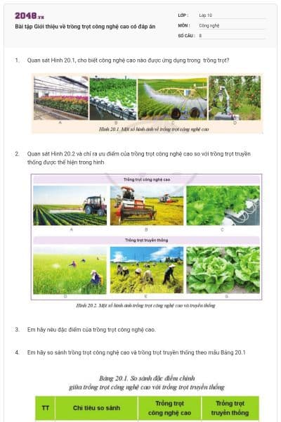 Bài tập Giới thiệu về trồng trọt công nghệ cao có đáp án