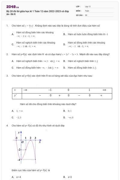 Bộ 20 đề thi giữa học kì 1 Toán 12 năm 2022-2023 có đáp án- Đề 8