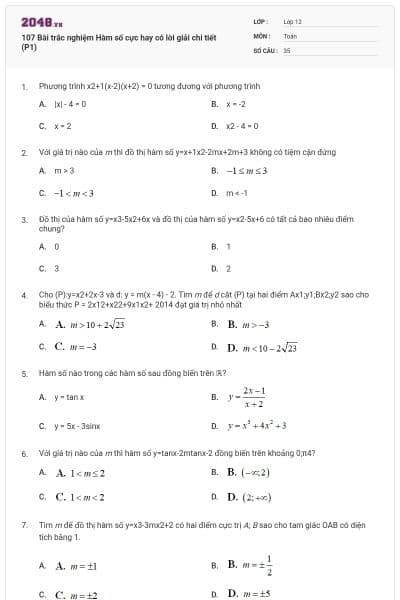 107 Bài trắc nghiệm Hàm số cực hay có lời giải chi tiết (P1)