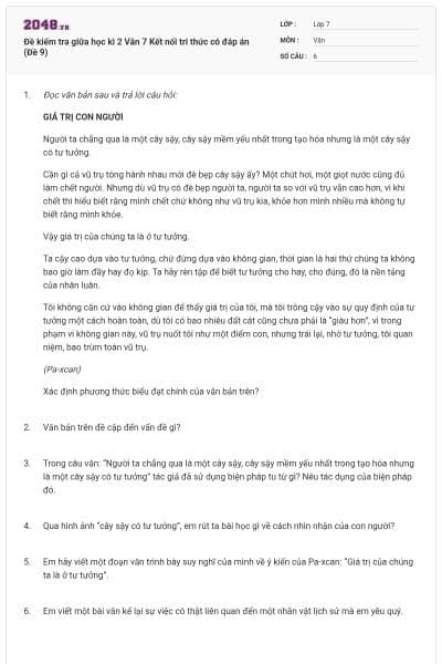 Đề kiểm tra giữa học kì 2 Văn 7 Kết nối tri thức có đáp án (Đề 9)