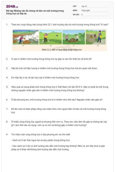 Bài tập Những vấn đề chung về bảo vệ môi trường trong trồng trọt có đáp án