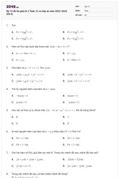 Bộ 15 đề thi giữa kì 2 Toán 12 có đáp án năm 2022-2023 (Đề 6)