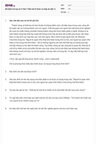 Đề kiểm tra học kì 2 Văn 7 Kết nối tri thức có đáp án (Đề 1)