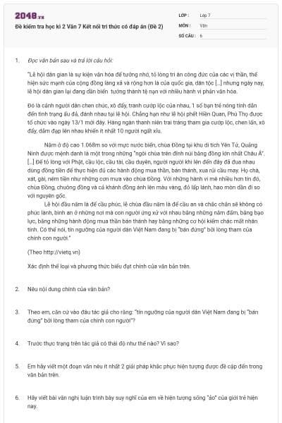 Đề kiểm tra học kì 2 Văn 7 Kết nối tri thức có đáp án (Đề 2)