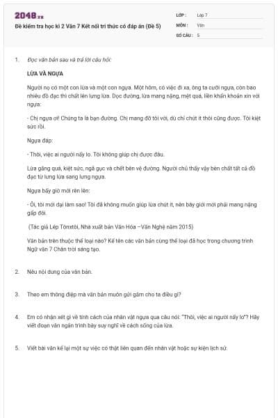 Đề kiểm tra học kì 2 Văn 7 Kết nối tri thức có đáp án (Đề 5)