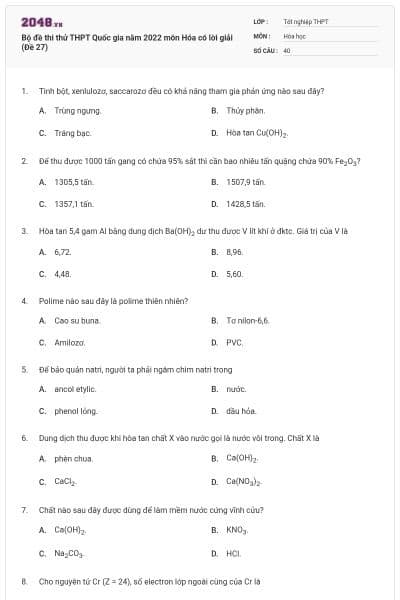 Bộ đề thi thử THPT Quốc gia năm 2022 môn Hóa có lời giải (Đề 27)