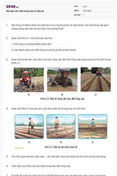 Bài tập Làm đất trồng cây có đáp án
