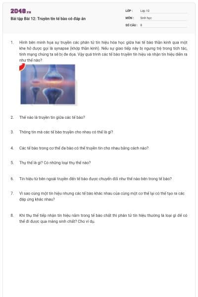 Bài tập Bài 12: Truyền tin tế bào có đáp án