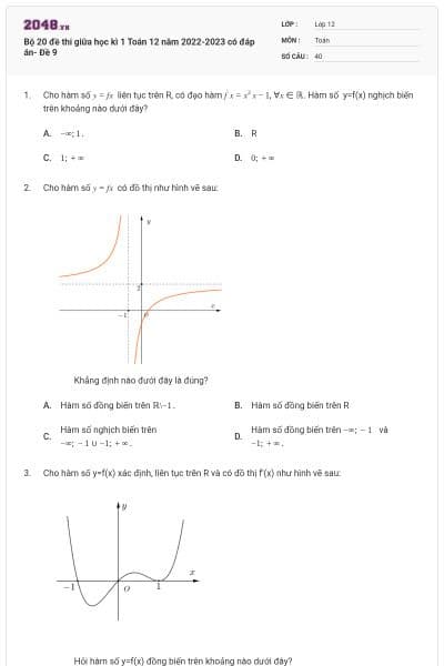Bộ 20 đề thi giữa học kì 1 Toán 12 năm 2022-2023 có đáp án- Đề 9