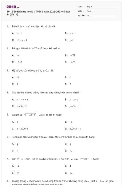 Bộ 15 đề kiểm tra học kì 1 Toán 9 năm 2022-2023 có đáp án (Đề 14)