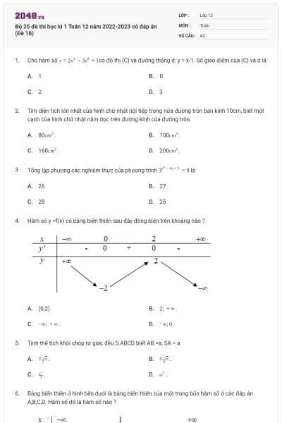 Bộ 25 đề thi học kì 1 Toán 12 năm 2022-2023 có đáp án (Đề 16)