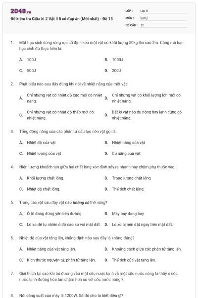Đề kiểm tra Giữa kì 2 Vật lí 8 có đáp án (Mới nhất) - Đề 15
