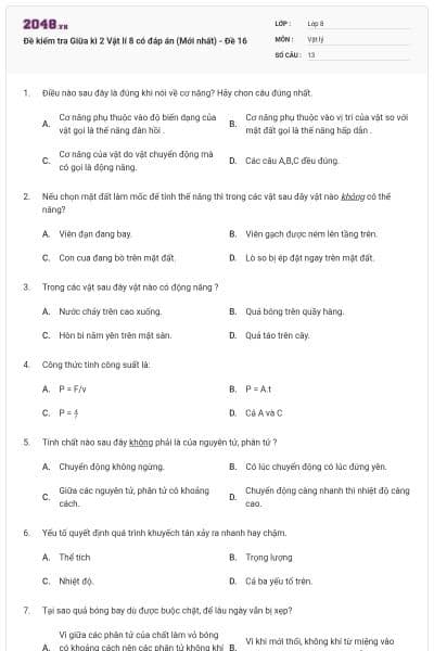 Đề kiểm tra Giữa kì 2 Vật lí 8 có đáp án (Mới nhất) - Đề 16
