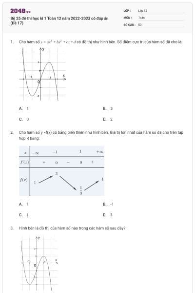 Bộ 25 đề thi học kì 1 Toán 12 năm 2022-2023 có đáp án (Đề 17)