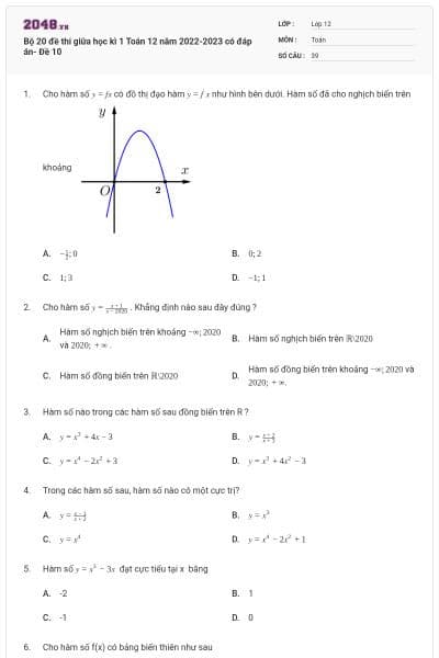 Bộ 20 đề thi giữa học kì 1 Toán 12 năm 2022-2023 có đáp án- Đề 10